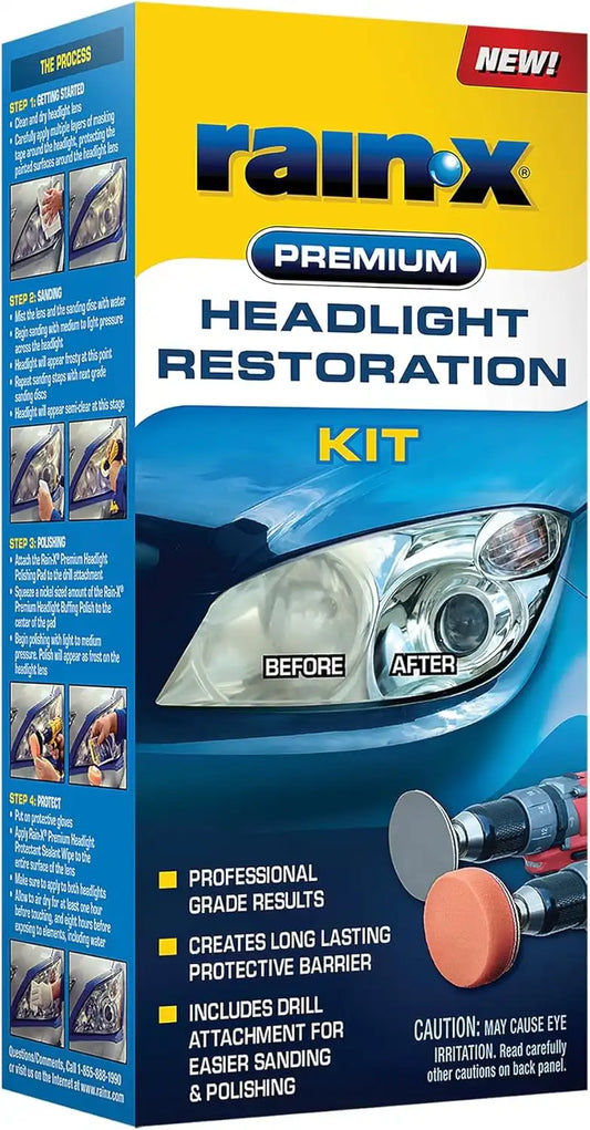Rain-X 610153 Headlight Restoration Kit - Car Light Lens Cleaner/Restorer with Sanding & Polishing Drill Attachments & Sealant Wipe, Removes Scratches & Oxidation- All in 1 Long Lasting Formula