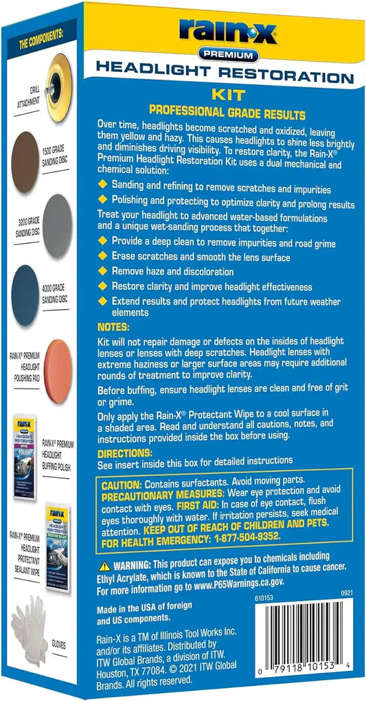 Rain-X 610153 Headlight Restoration Kit - Car Light Lens Cleaner/Restorer with Sanding & Polishing Drill Attachments & Sealant Wipe, Removes Scratches & Oxidation- All in 1 Long Lasting Formula
